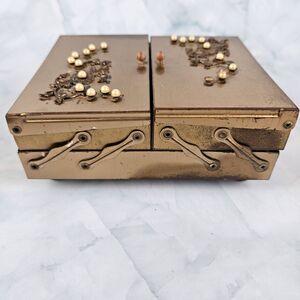 Vintage‎ metal trinket jewelry box velvet lined pearl inlay art deco accordion